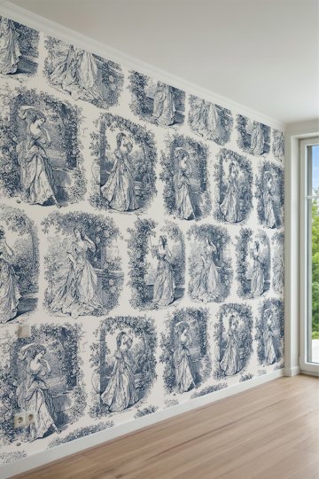 Toile de Jouy Tarzı Klasik Kadın ve Doğa Motifli Tek Parça Tekstil Duvar Kağıdı küçük görsel 2