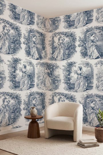 Toile de Jouy Tarzı Klasik Kadın ve Doğa Motifli Tek Parça Tekstil Duvar Kağıdı küçük görsel 1