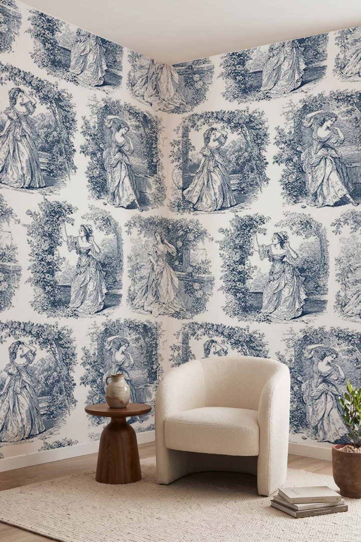 Toile de Jouy Tarzı Klasik Kadın ve Doğa Motifli Tek Parça Tekstil Duvar Kağıdı