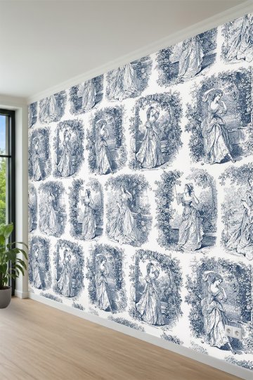 Toile de Jouy Tarzı Klasik Kadın ve Doğa Motifli Tek Parça Tekstil Duvar Kağıdı küçük görsel 3