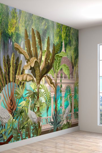 Tropik Ağaçlar Desenli Silinebilir Sağlıklı Tekstil Duvar Kağıdı
