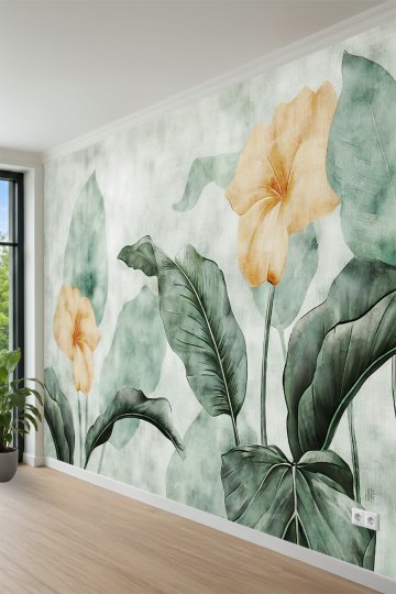 Tropikal Çiçek ve Yeşil Yaprak Desenli Modern Tek Parça Duvar Kağıdı