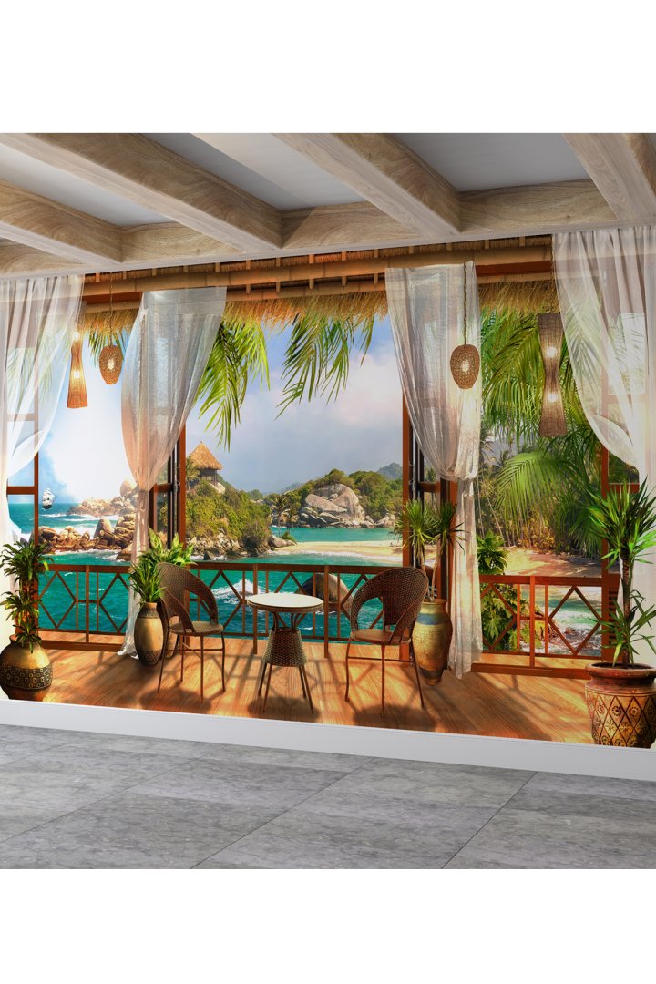 Tropikal Deniz Manzaralı Balkon Desen Sağlıklı Tekstil Duvar Kağıdı