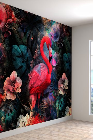 Tropikal Flamingo ve Çiçek Desenli Tekstil Duvar Kağıdı