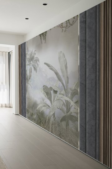 Tropikal Orman Manzaralı Antrasit Panelli Tek Parça Tekstil Duvar Kağıdı