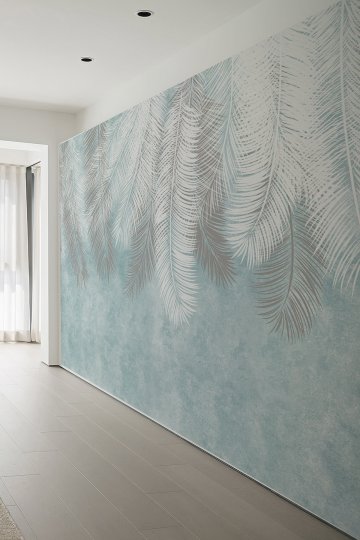Tropikal Yaprak Desenli Soft Mavi Gri Modern Duvar Kağıdı