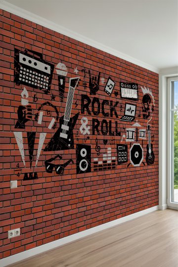 Tuğla Duvar Fonunda Rock & Roll ve Müzik Temalı Graffiti Tek Parça Tekstil Duvar Kağıdı küçük görsel 2