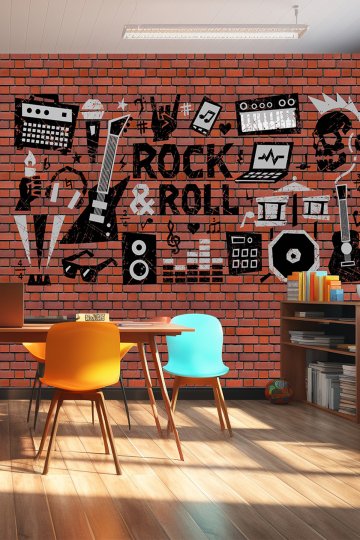 Tuğla Duvar Fonunda Rock & Roll ve Müzik Temalı Graffiti Tek Parça Tekstil Duvar Kağıdı küçük görsel 1