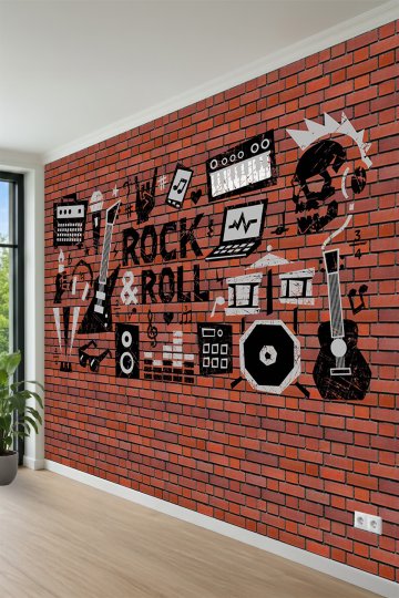 Tuğla Duvar Fonunda Rock & Roll ve Müzik Temalı Graffiti Tek Parça Tekstil Duvar Kağıdı küçük görsel 3