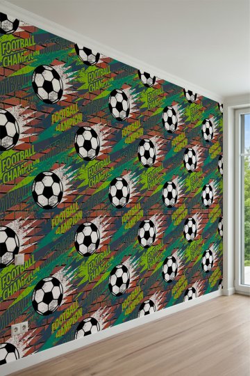 Tuğla Duvarda Futbol Topu ve Champion Yazılı Çocuk Odası Tek Parça Tekstil Duvar Kağıdı küçük görsel 2