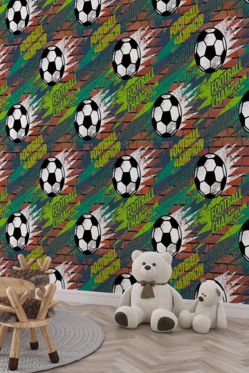 Tuğla Duvarda Futbol Topu ve Champion Yazılı Çocuk Odası Tek Parça Tekstil Duvar Kağıdı küçük görsel 1