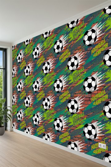 Tuğla Duvarda Futbol Topu ve Champion Yazılı Çocuk Odası Tek Parça Tekstil Duvar Kağıdı küçük görsel 3