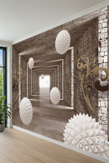 Tuğla Duvarlı Koridor ve Geometrik Küreler Desenli Tek Parça Tekstil Duvar Kağıdı 