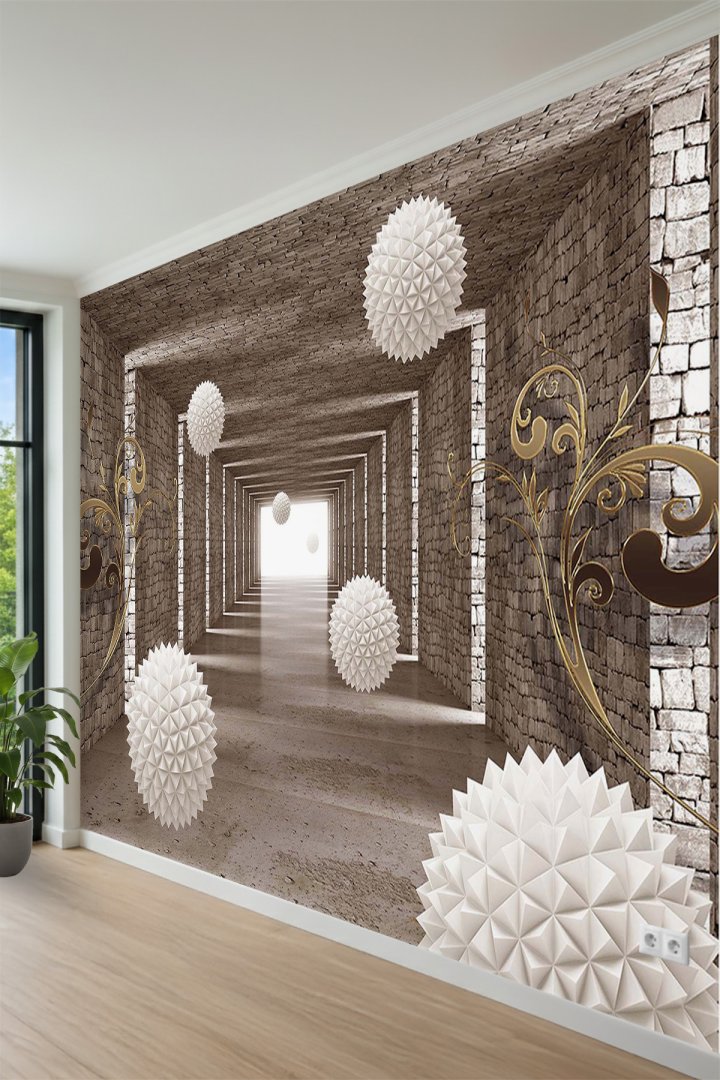 Tuğla Duvarlı Koridor ve Geometrik Küreler Desenli Tek Parça Tekstil Duvar Kağıdı 