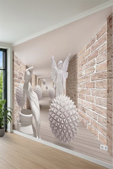 Tuğla Duvarlı Koridor ve Klasik Heykel Figürleri Desenli Tek Parça Tekstil Duvar Kağıdı 