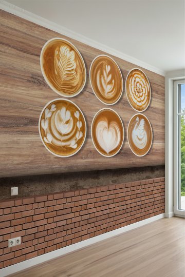 Tuğla ve Ahşap Fonda Latte Art Kahve Fincanı Desenli Tek Parça Tekstil Duvar Kağıdı