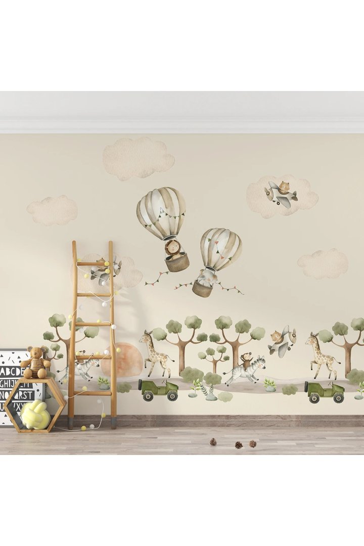 Uçan Balon Desenli Çocuk Odası Duvar Kumaşı -Isı ve Ses Yalıtımlı