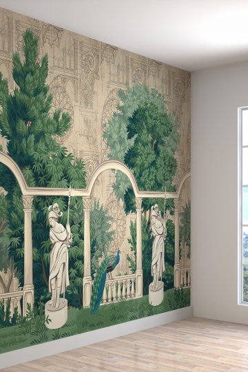 Vintage Saray Bahçesi Ve Tavus Kuşu Desenli Tekstil Duvar Kağıdı