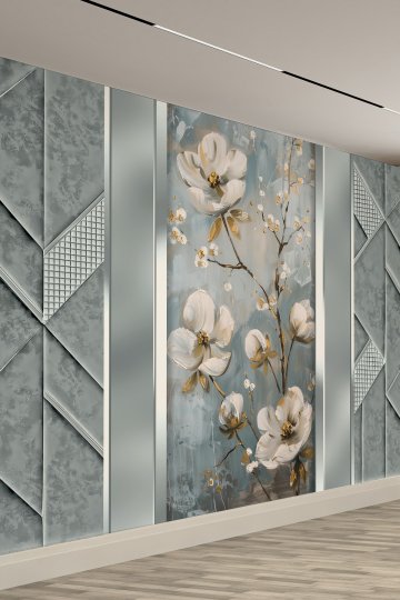 Yağlı Boya Dokulu Beyaz Çiçek Desenli Geometrik Panelli Tekstil Duvar Kağıdı