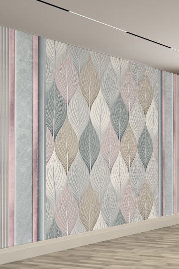 Yaprak Desenli Pastel Renkli Modern Doğa Dokulu Panel Görüntülü Tekstil Duvar Kağıdı