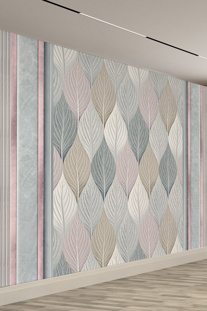 Yaprak Desenli Pastel Renkli Modern Doğa Dokulu Panel Görüntülü Tekstil Duvar Kağıdı