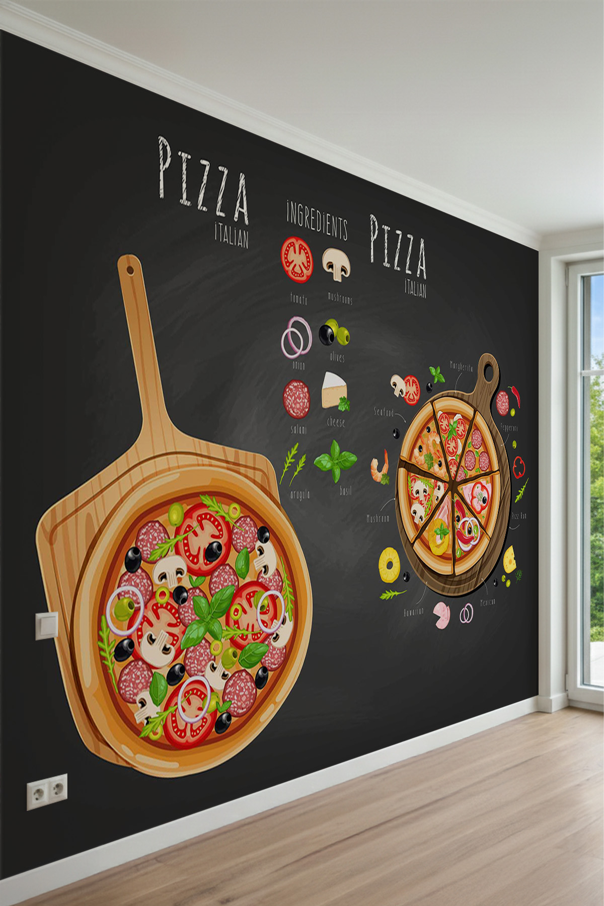 Yazı Tahtası Arka Planlı İtalyan Pizza Çeşitleri ve Malzeme Konseptli Tek Parça Tekstil Duvar Kağıdı görsel 1