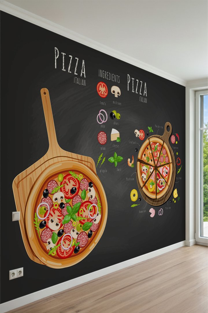 Yazı Tahtası Arka Planlı İtalyan Pizza Çeşitleri ve Malzeme Konseptli Tek Parça Tekstil Duvar Kağıdı