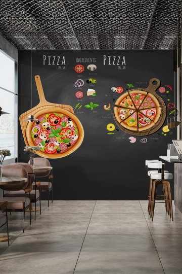 Yazı Tahtası Arka Planlı İtalyan Pizza Çeşitleri ve Malzeme Konseptli Tek Parça Tekstil Duvar Kağıdı
