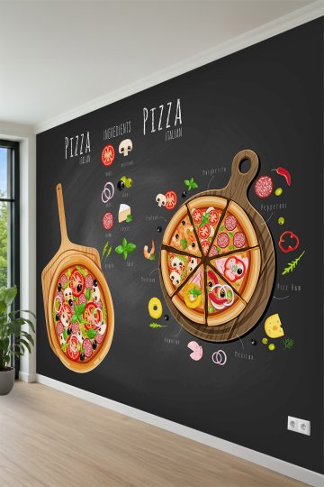 Yazı Tahtası Arka Planlı İtalyan Pizza Çeşitleri ve Malzeme Konseptli Tek Parça Tekstil Duvar Kağıdı küçük görsel 3